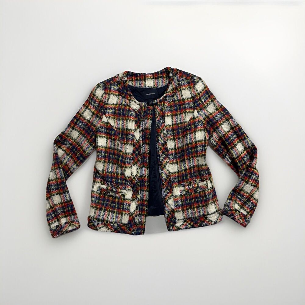 Lands' End Womens Wool Blend Tweed Tartan Plaid Blazer Jacket Size 4